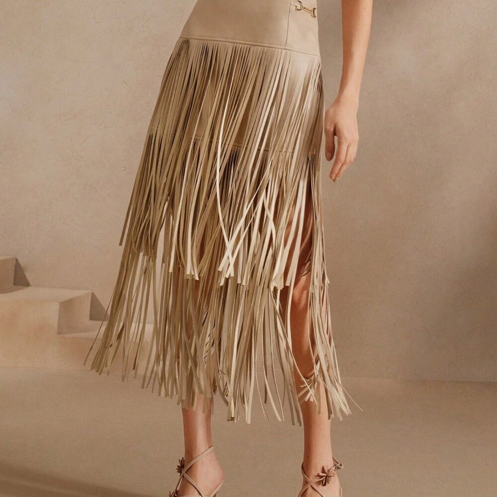 Beige Boho Women's Versatile Midi High Waisted Soft Leather Fringed Skirt